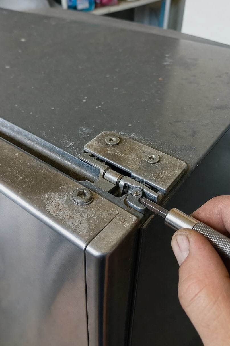 Close-up of a stainless top hinge on a refrigerator door with white salt bloom around the fixings and a driver in the adjustment screw