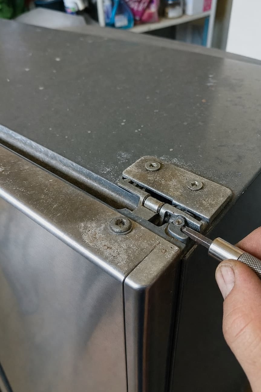 Close-up of a stainless top hinge on a refrigerator door with white salt bloom around the fixings and a driver in the adjustment screw