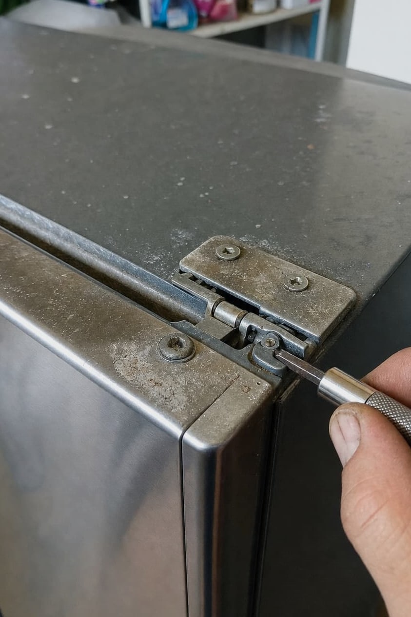 Close-up of a stainless top hinge on a refrigerator door with white salt bloom around the fixings and a driver in the adjustment screw