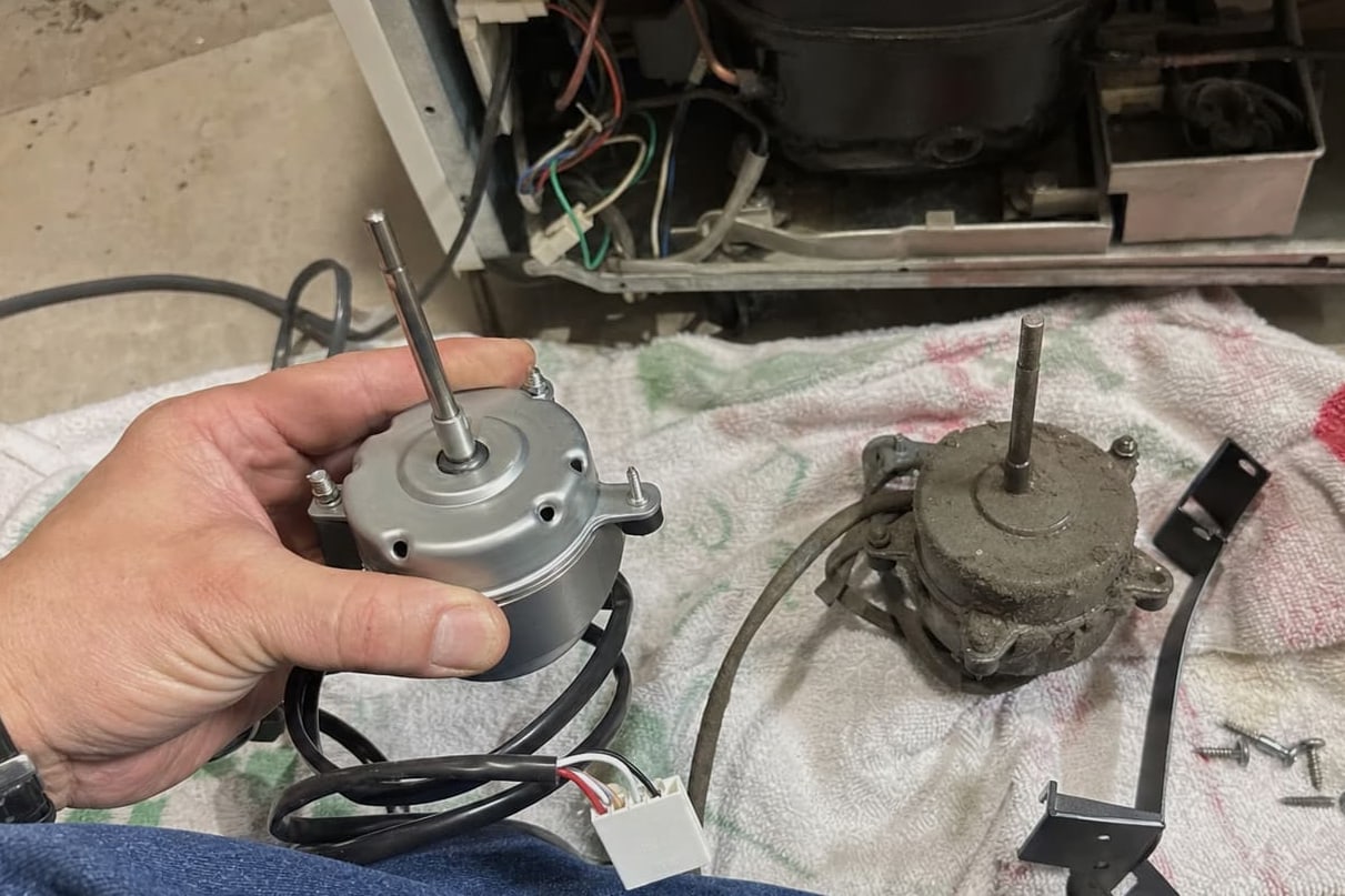 New condenser fan motor held beside the corroded one it is replacing, with the compressor bay open behind