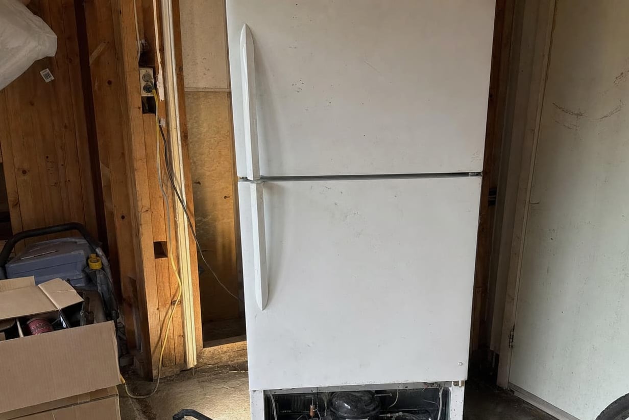 Refrigerator standing in an unconditioned garage with the lower rear panel off and the compressor and coil exposed