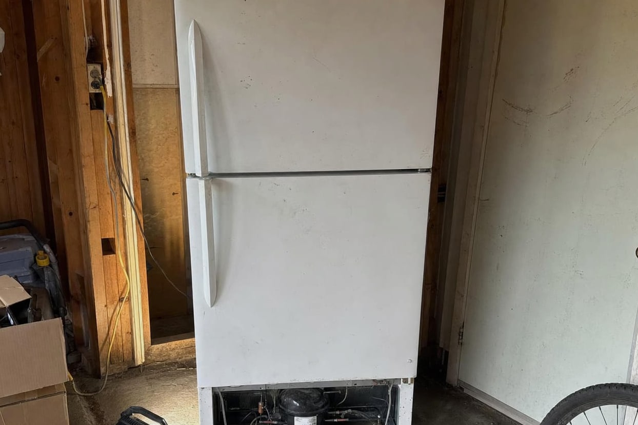 Refrigerator standing in an unconditioned garage with the lower rear panel off and the compressor and coil exposed